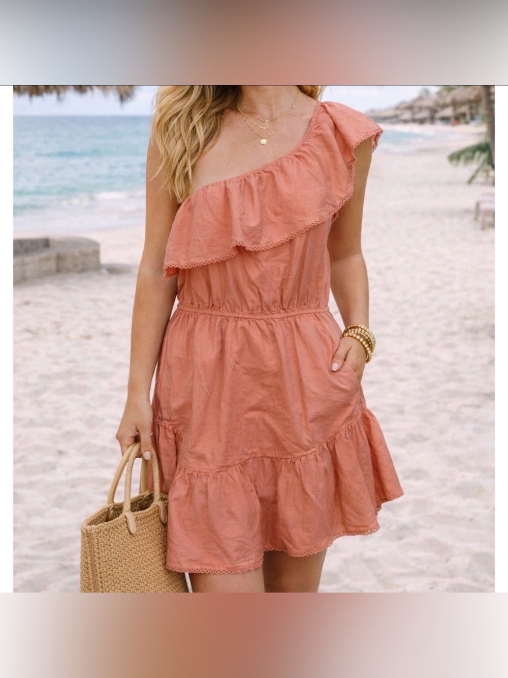 Free People Lovers Lane One Shoulder Ruffle Mini Dress w/ Pockets Coral Pink LG